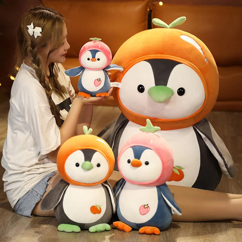 1PC Cartoon Penguin Plush Toys Kawaii Soft Doll Dress up Strawberry Orange Kids Plushie Girls Gift