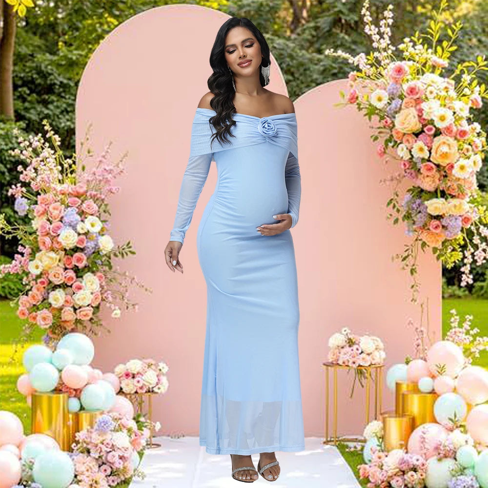 Maternity 3D Floral Off Shoulder Long Sleeve Mesh Long Dress Elegant Fitted Gown for Baby Shower Photoshoot
