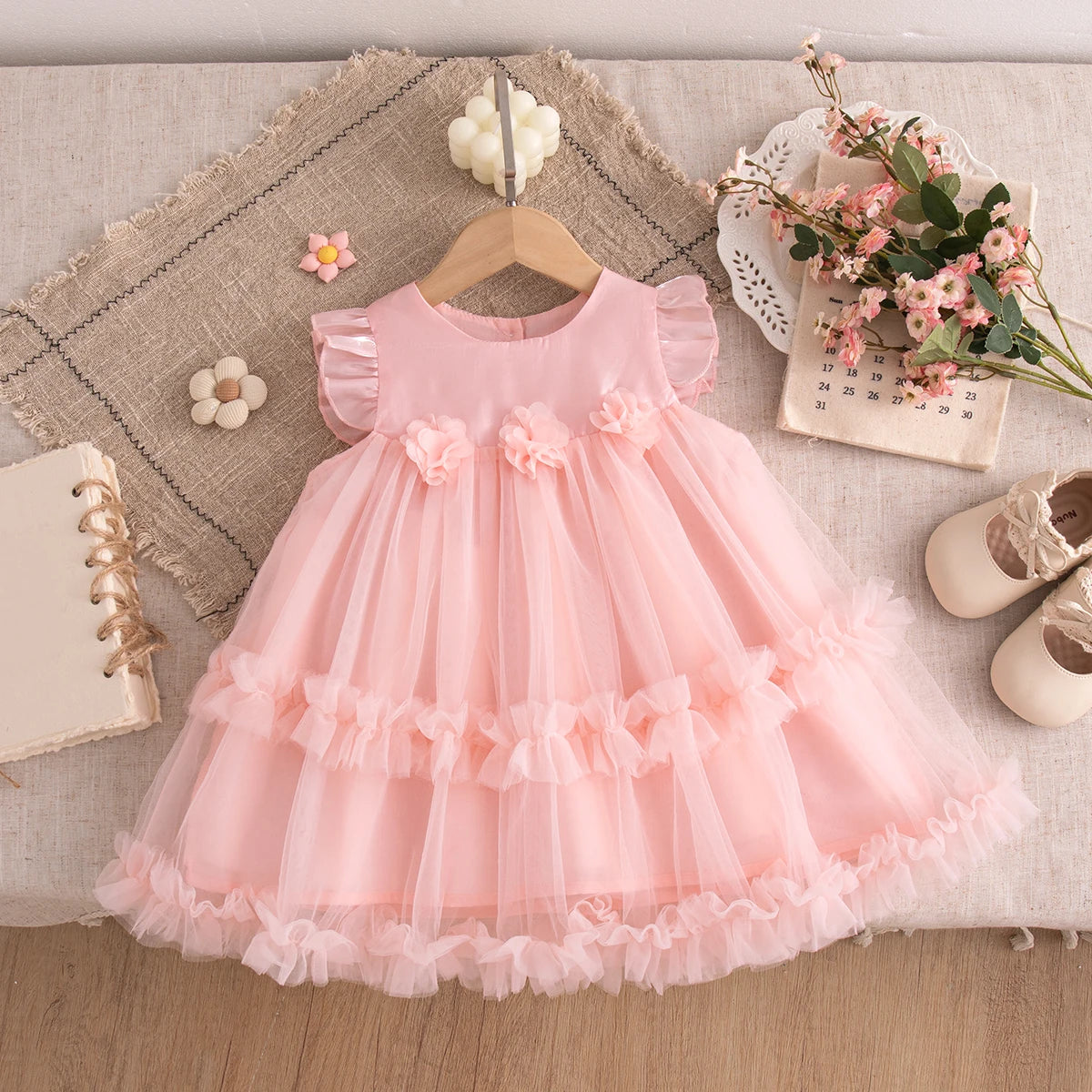 Korean Style Sweet Solid Color Baby Girl Dress Summer Fashion Flower Birthday Party Gift or Wedding Princess Fairy Toddler Dress