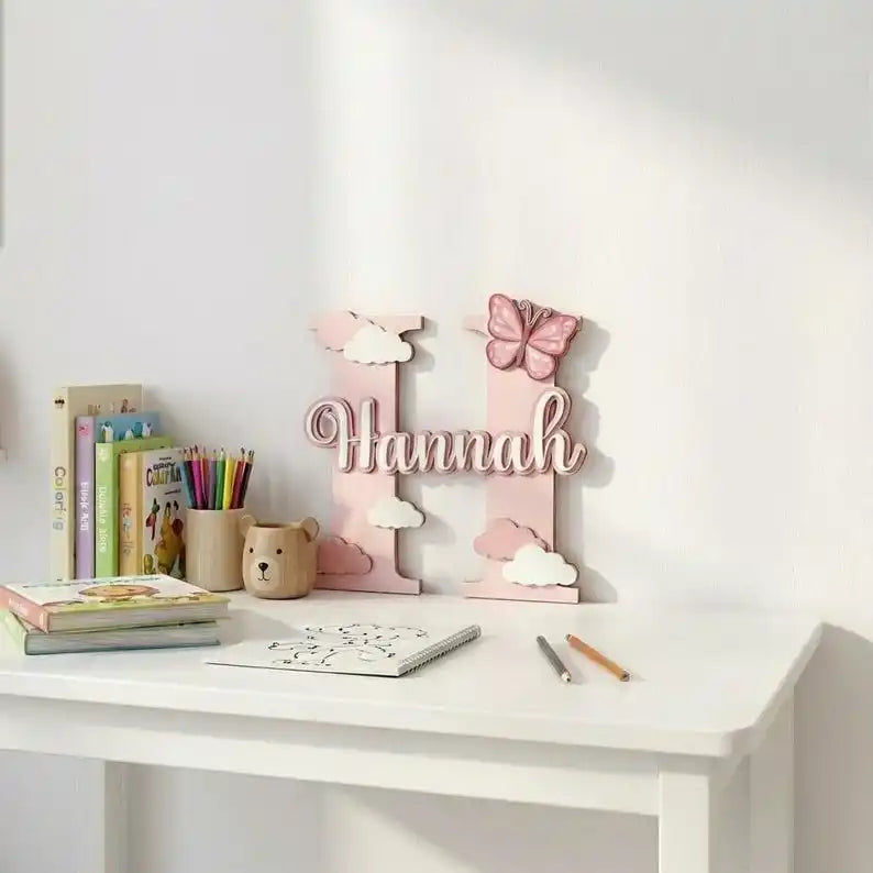 Personalized Wooden Initial Letter Name Sign – Pink Butterfly Cloud Nursery Wall Decor