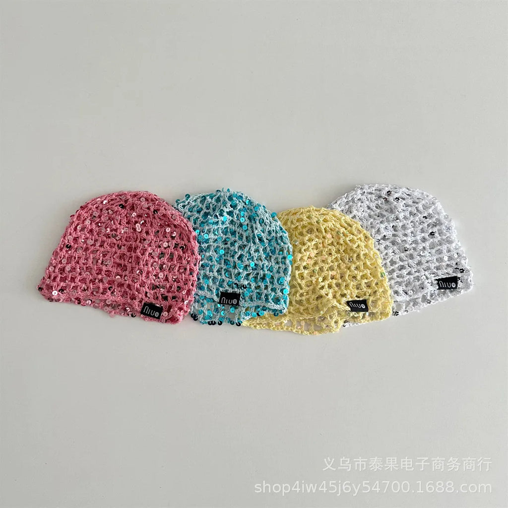 Early Autumn New Ethnic Style Sequin Hollow Knitted Pullover Hat for Girls Fashionable Stylish Fishnet Headwrap Hat