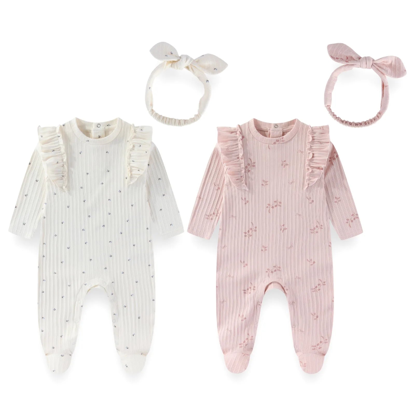 Infanr Baby Girl Romper Set Two Pack 0To12 Months Jumpsuits Hair Band Four Seasons