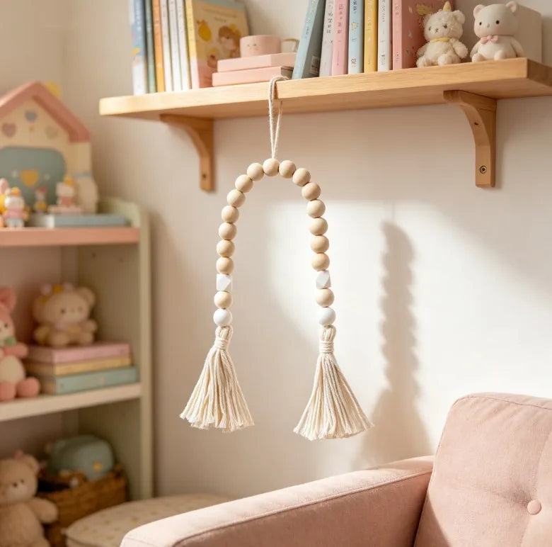Nordic Wooden Bead Garland - White 75cm Tassel Wall Decor