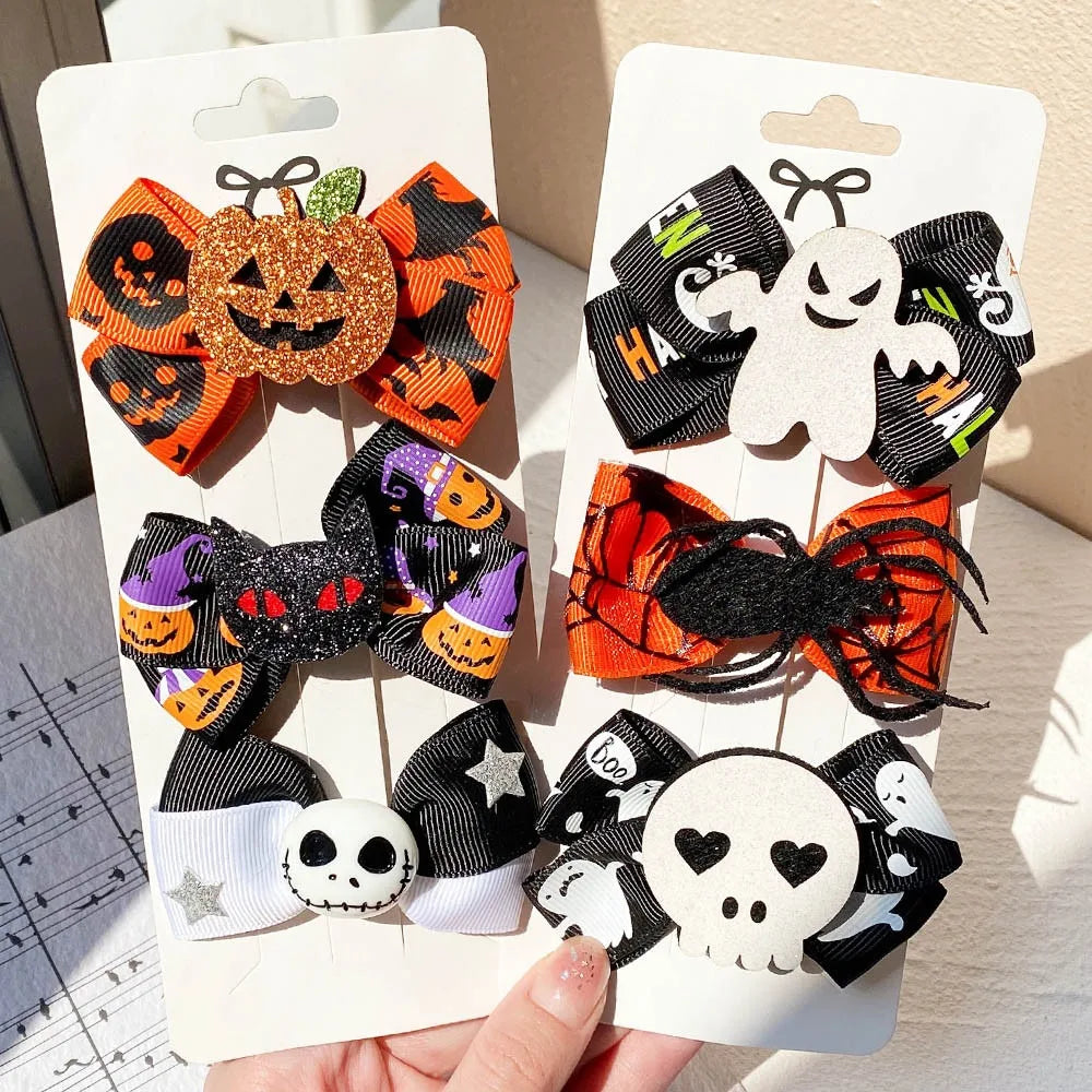 2Pcs/Set Halloween Hair Accessories for Kids Girls - Ribbon Bow Hairpin Ghost Pumpkin Bat Hair Clips for Party Decoration