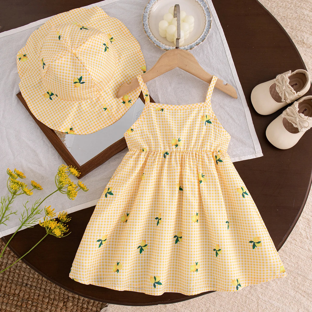 Baby Dresses Summer Cotton Plaid Full Printed Suspender Baby Girl Dress Sweet And Casual Beach Baby Girl Clothing With Hat