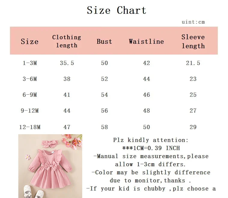 Baby clothing  Baby girl Dress Round Neck Pink Ruffled Bow Fashion Dress+Headband 0-18 Months Baby girl spring and autumn Dress