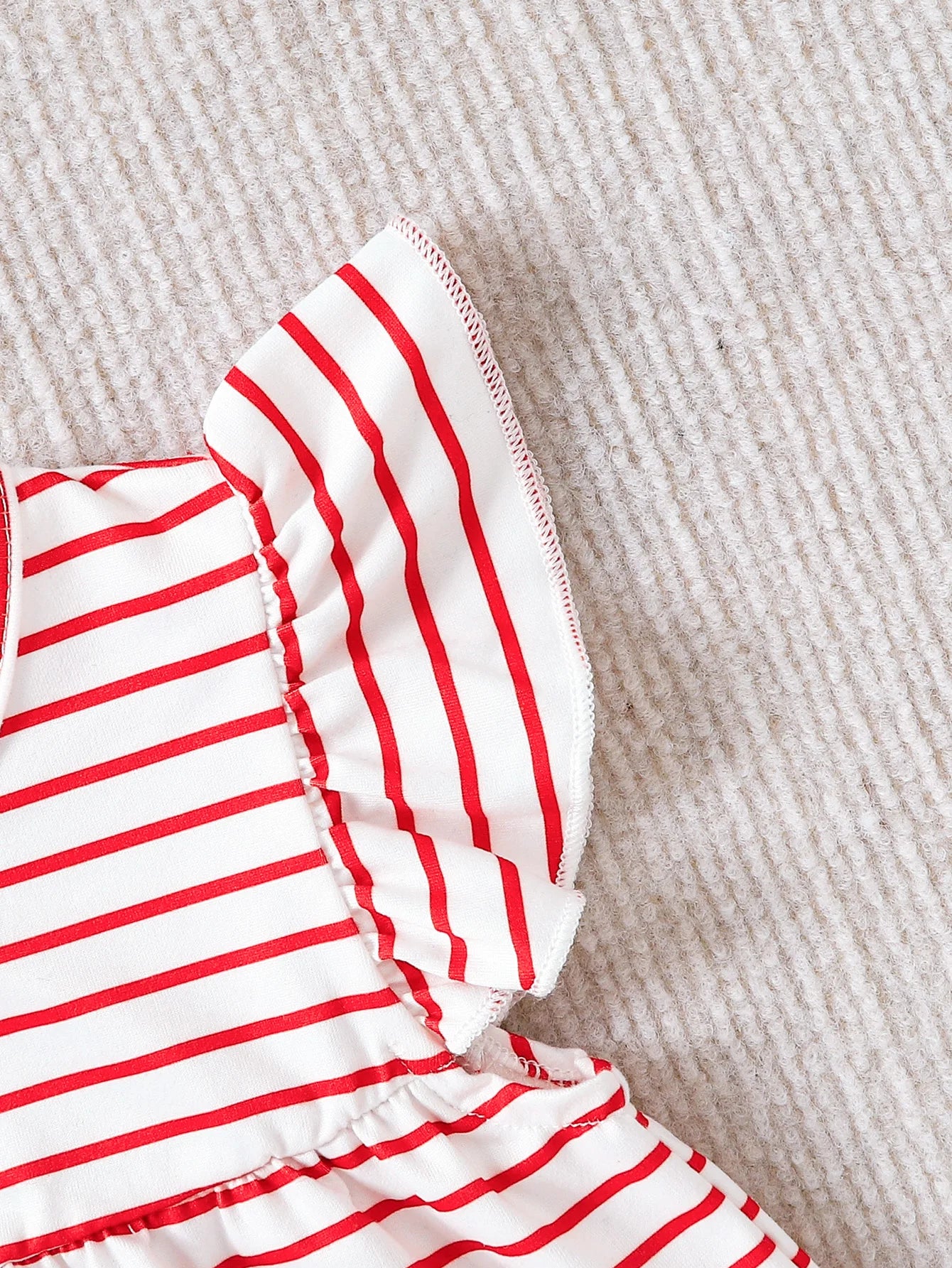 2pcs Summer Baby Girls Strawberry Print Striped Set, Cute Ruffle Sleeve Peplum Top + Watermelon Seed Leggings, Daily Wear/Birthd