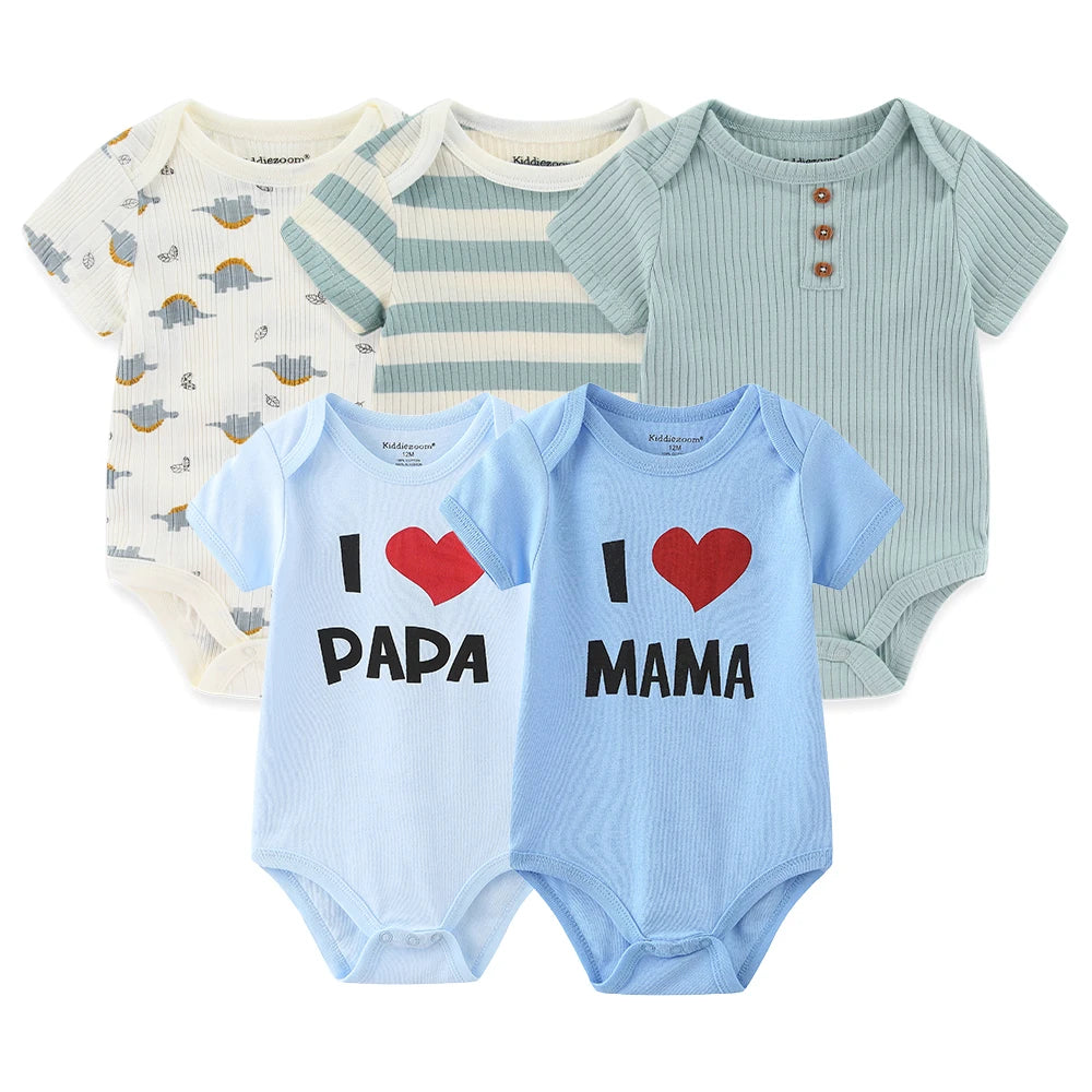 I Love Papa Mama Cartoon Baby Bodysuits 5-Pack Unisex Short Sleeve Onesies 0-12 Months