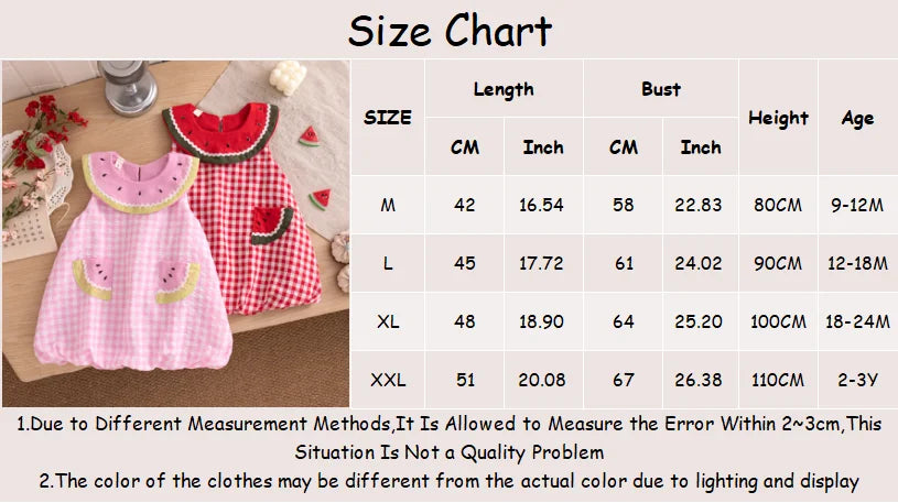 Baby Girl Dress Summer Cotton Solid Color Grid Watermelon Round Neck Sleeveless Girl Dress Cartoon Cute Beach Baby Girl Clothing