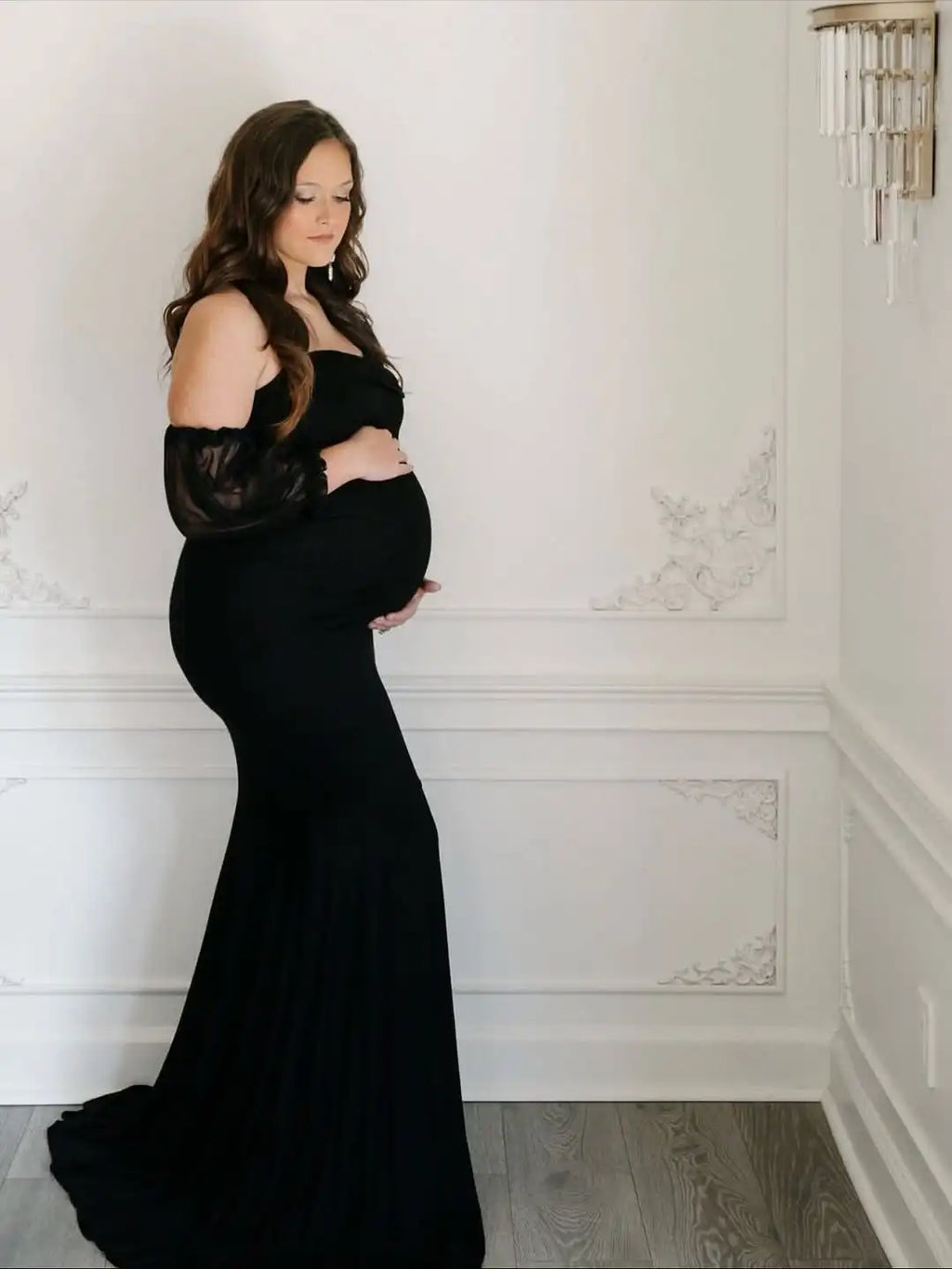 Maternity Dress Off-Shoulder Mesh Puff Sleeve Slim Pregnancy Women's Photography Maxi Gowns For Baby Shower Photoshoot