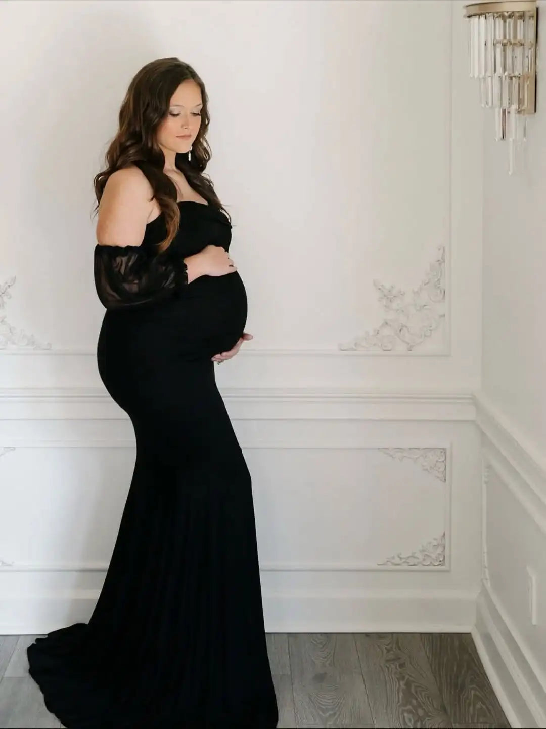 Maternity Dress Off-Shoulder Mesh Puff Sleeve Slim Pregnancy Women's Photography Maxi Gowns For Baby Shower Photoshoot