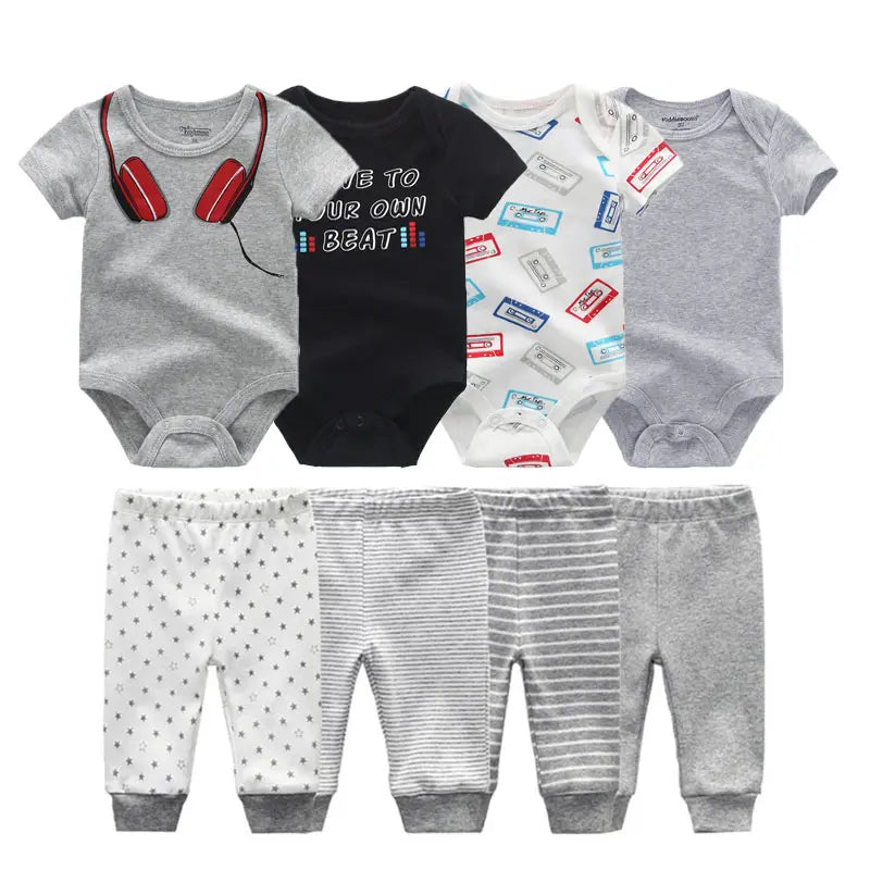 8-Piece Cartoon Baby Bodysuits and Pants Cotton Newborn Unisex Short Sleeve Onesies Trousers 0-12 Months