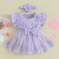 3D Flower Summer Baby Girls Romper Princess Mesh Newborn Clothes Lace Patchwork Ruffle Bodysuit Dress Headband Kids Clothing