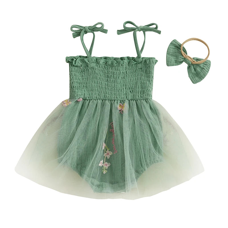 Newborn Baby Girl 1st Birthday Outfits Summer Cute Sleeveless Tie Strap Tulle Bodysuit Dress with Headband Set Infants Clothes