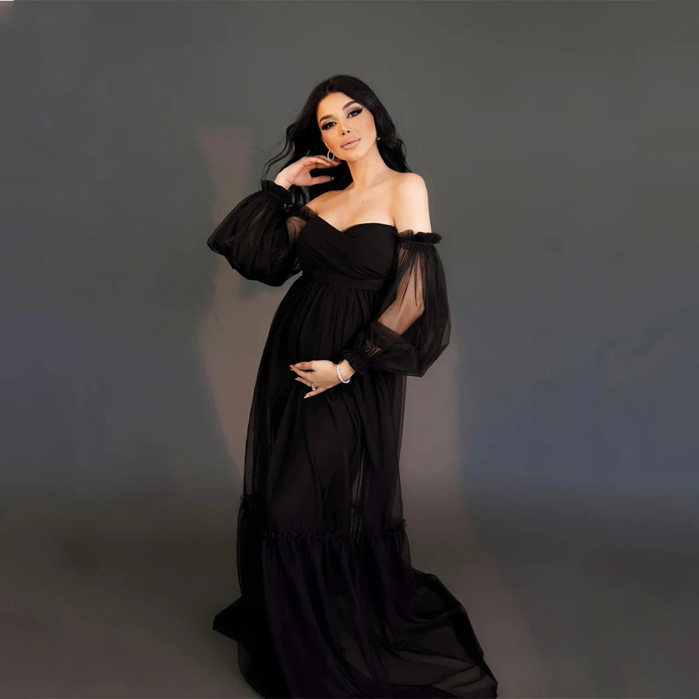 Women's Maternity Sweetheart Puff Sleeve Baby Shower Dress for Photoshoot Pregnant Tull Photography Party Gown
