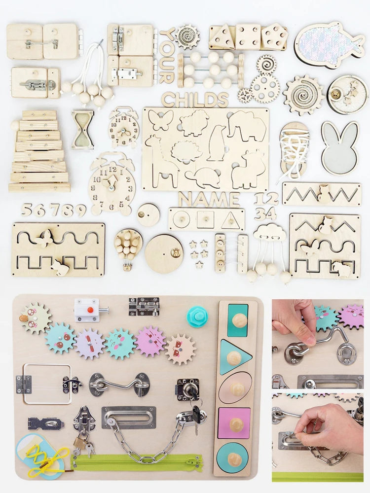 Baby DIY Wooden Montessori  Busy Board Parts  Busy Board Accessories Slide Alarm Clock Educational Toy Gear for Children Gifts