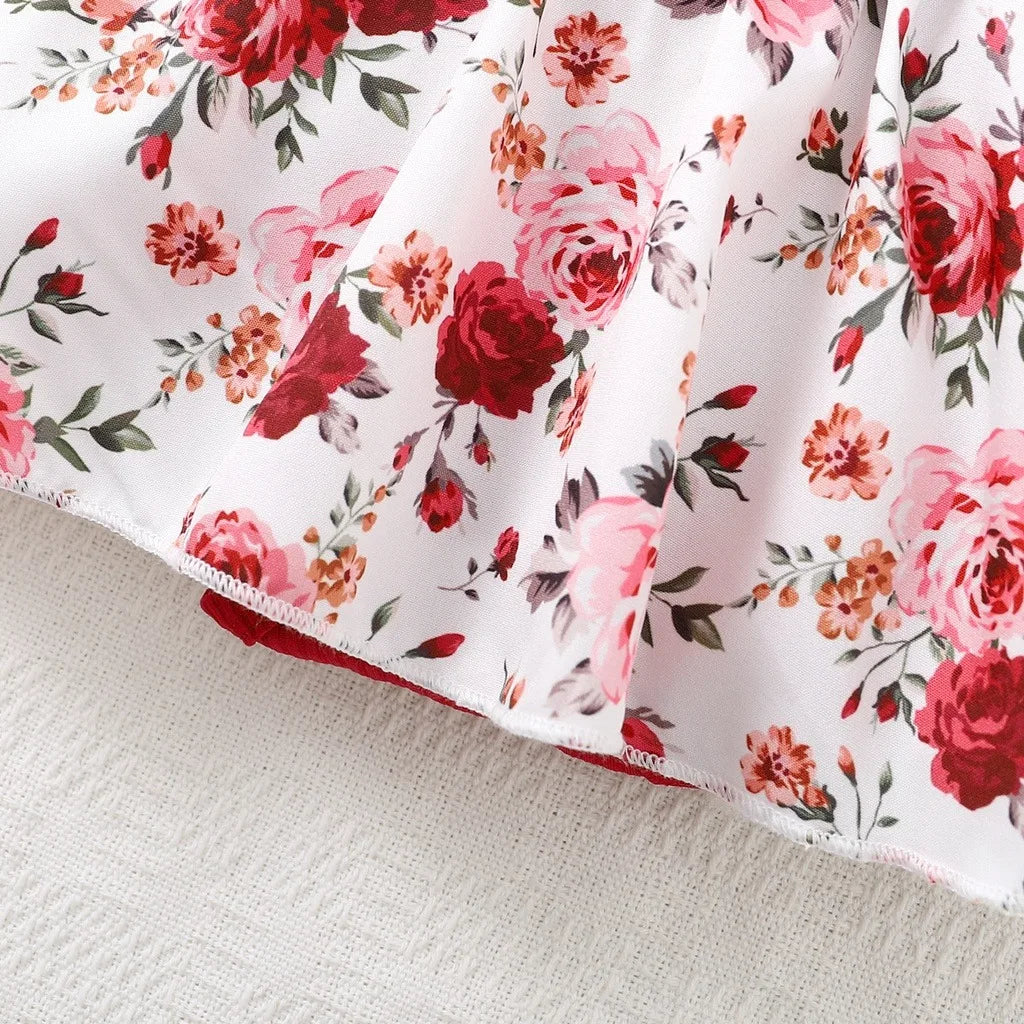Cute Baby Girl Round Neck Bow Flower Print Fashionable Dress With Headband Suitable for Babies Aged 0-2 Summer Family Gatherings