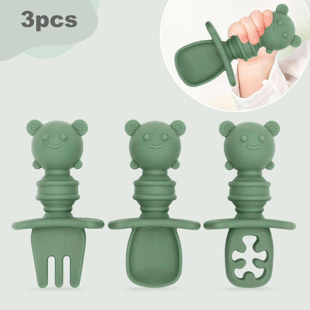3-piece self-feeding silicone spoon with choking barrier - silicone chewing spoon set suitable for infants and toddlers, weaning