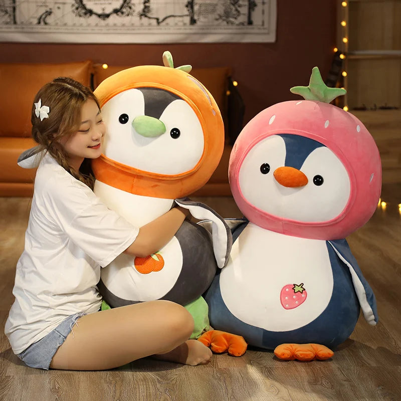 1PC Cartoon Penguin Plush Toys Kawaii Soft Doll Dress up Strawberry Orange Kids Plushie Girls Gift