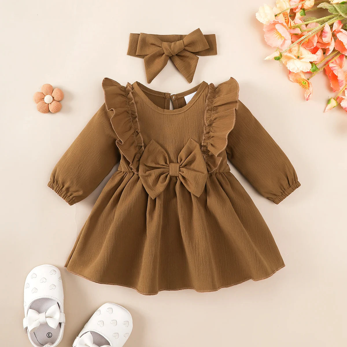 Autumn Baby Girl Dress With Long Sleeves And Headband For Zero To Eighteen Months