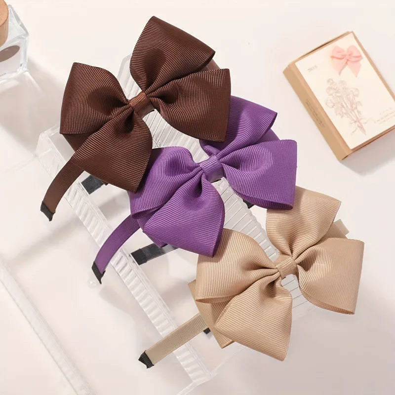 Kids Ribbon Bow Headband Hair Hoop Set for Girls Festive Solid Color Hair Accessories