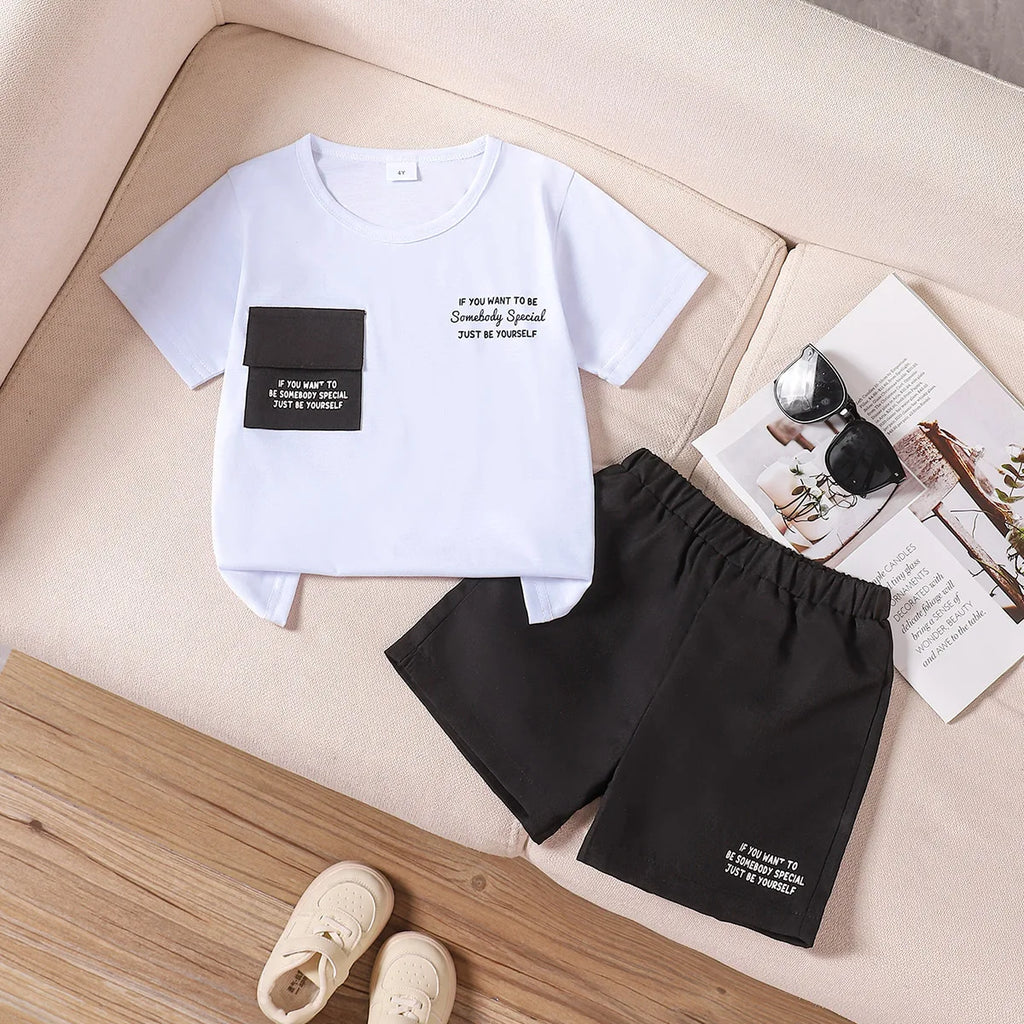 Children's Boys leisure Set Round Neck Letter Printed Top+Black Shorts Set 4-7 Year Old Boys' Summer Sports and Leisure Set