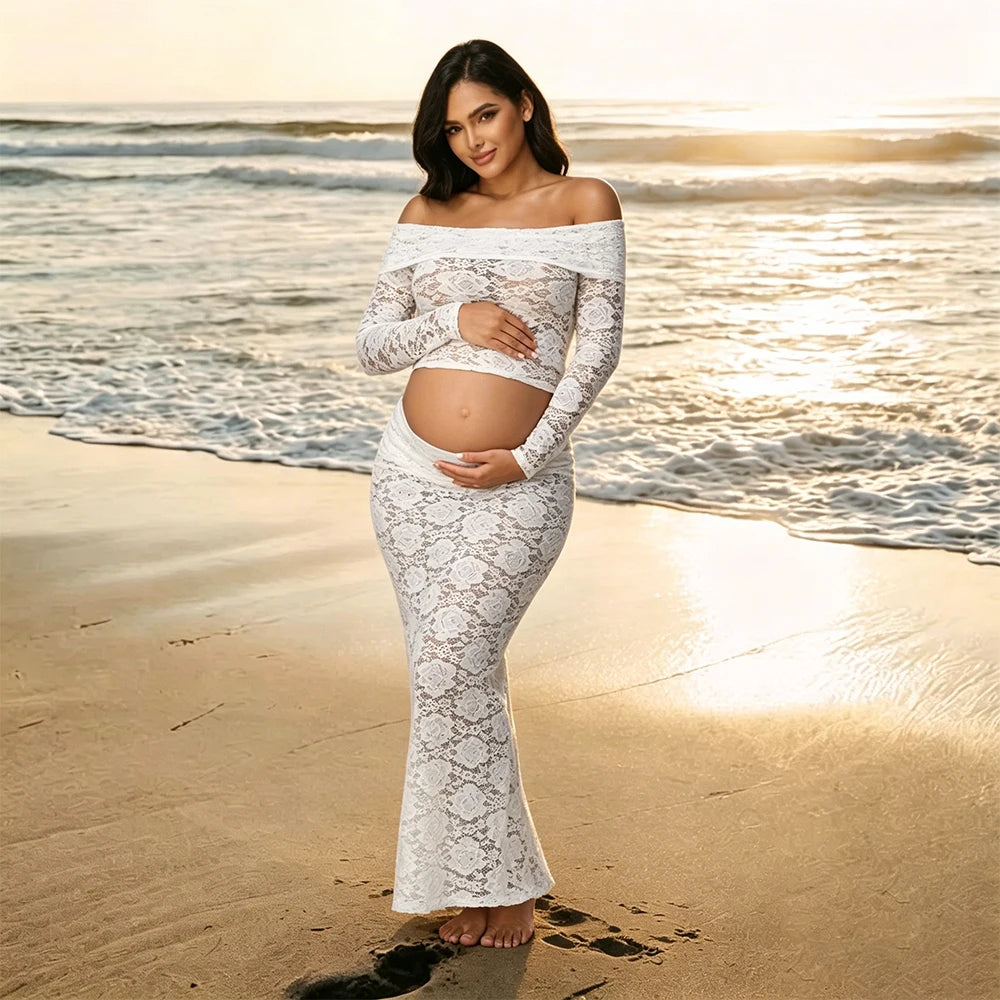 Maternity 2 Piece Outfits Dress Off Shoulder Long Sleeve See-Through Lace Top and Back Split Skirt for Baby Shower Photoshoot