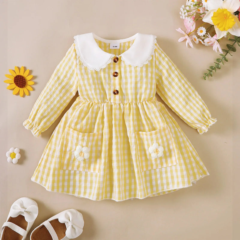 0-3 Year Cute Baby girl Dress Lace Border Doll Collar Yellow Checkered Dress for Toddlers Autumn Dress for Outdoor activities