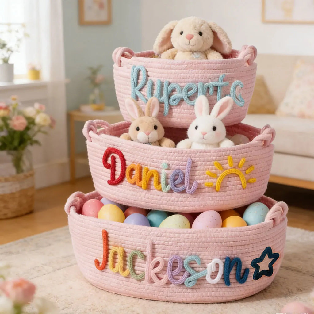 Personalized Woven Storage Basket with Letter – Custom Star Sun Moon Gift Basket