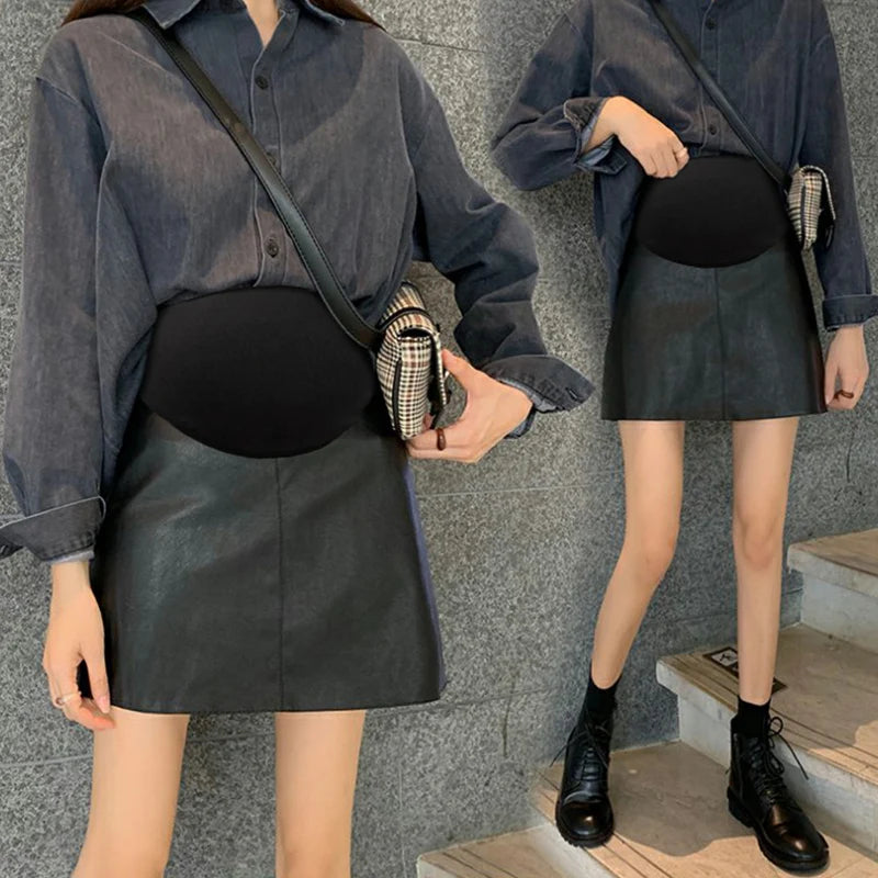 Pretty Maternity Autumn Skirts Vintage High Waist Pregnant Woman Slim Belly Skirts Elegant Pregnancy A-line Pu Leather Skirt