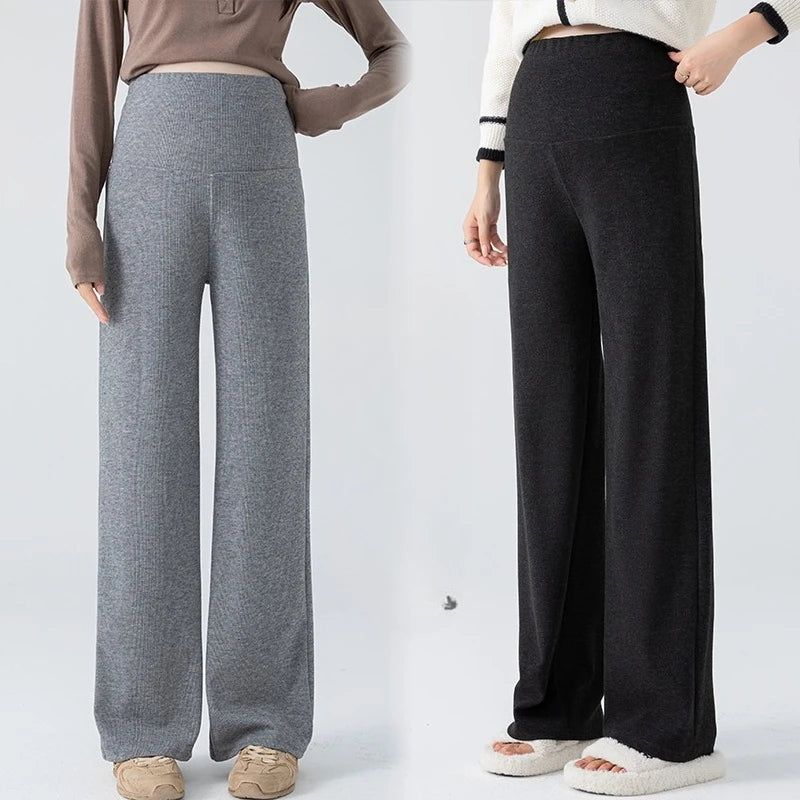 2026 Autumn Pregnant Woman Straight Pants Adjustable Waist Maternity Knitted Trousers