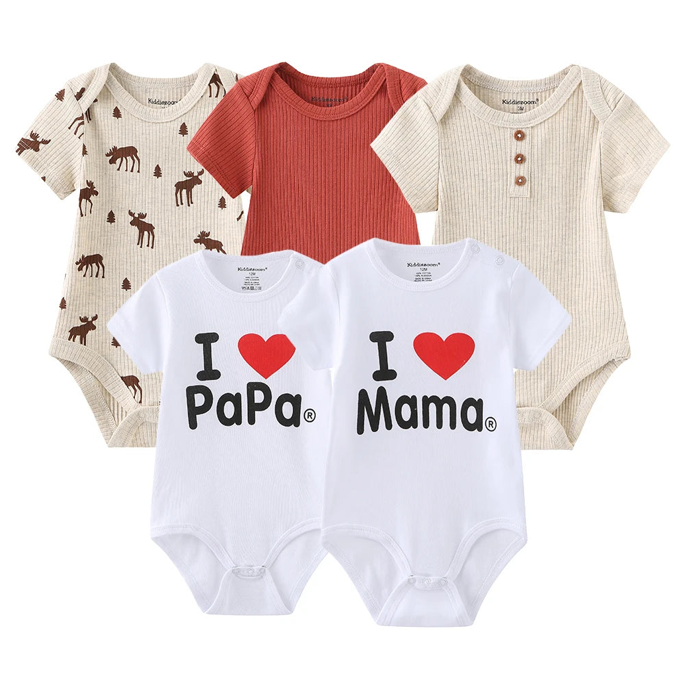 I Love Papa Mama Cartoon Baby Bodysuits 5-Pack Unisex Short Sleeve Onesies 0-12 Months