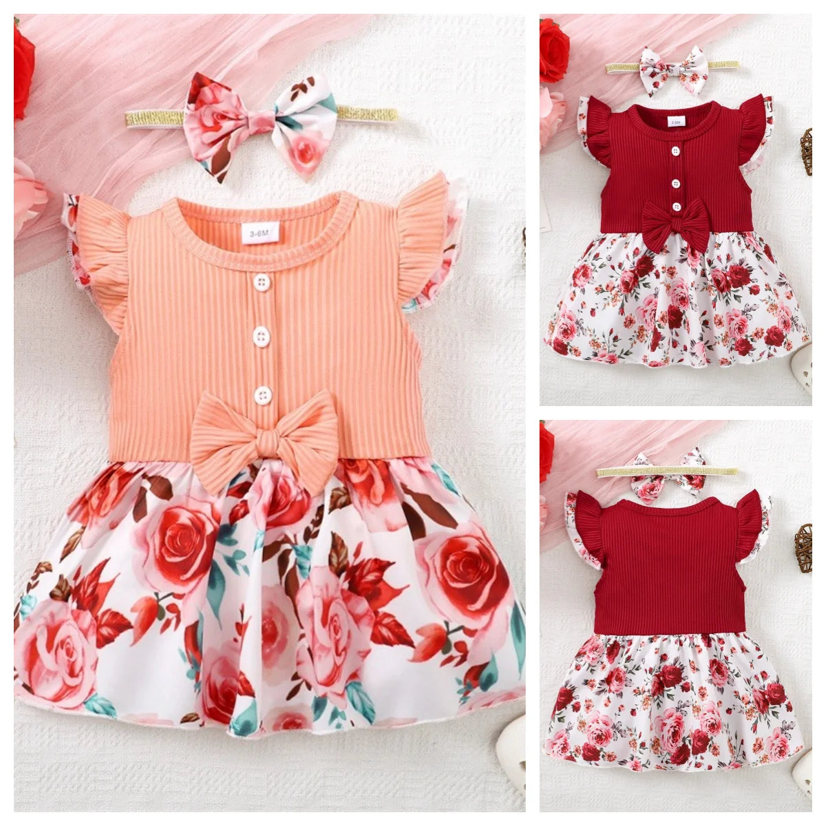 Cute Baby Girl Round Neck Bow Flower Print Fashionable Dress With Headband Suitable for Babies Aged 0-2 Summer Family Gatherings