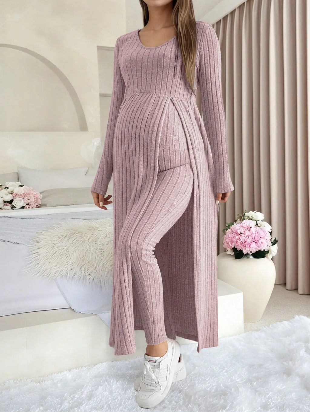 Maternity Women's Two Piece Sets and Outfits Long Sleeve Soft Ribbed Longline Casual Home Lounge Pants Set