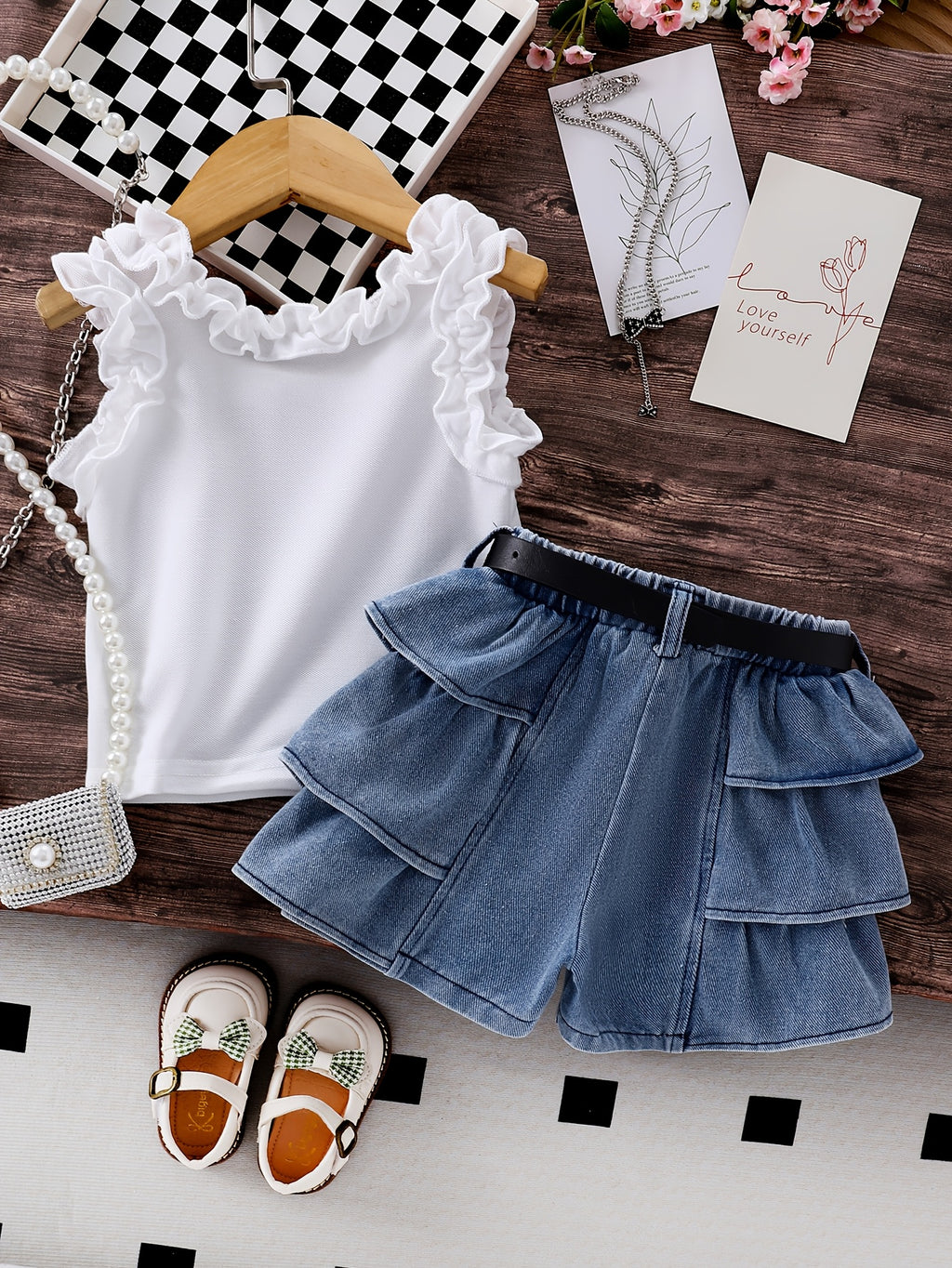 Baby Outfit Set with Solid Top and Ruffled Denim Shorts