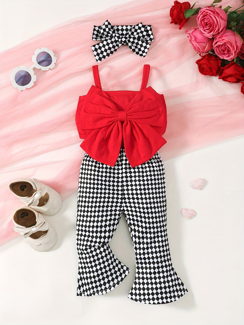 Camisole Bow Top And Plaid Pants Set, for Outdoor