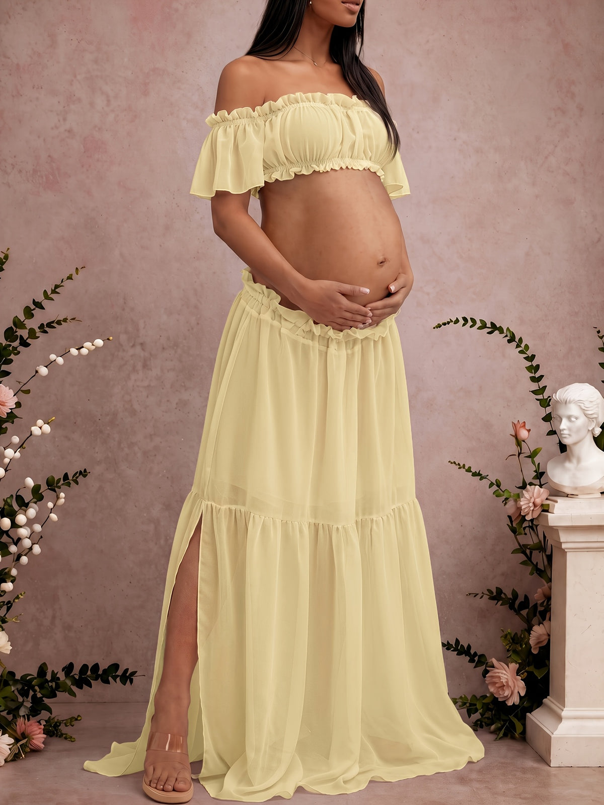 Maternity Chiffon Elastic Off-Shoulder Ruched Two-Piece Outfit, Yellow Ruffled Crop Top And Floor-Length Maxi Skirt, Pregnancy Photoshoot Dress for Shower, Casual Loungewear for Expectant Mothers