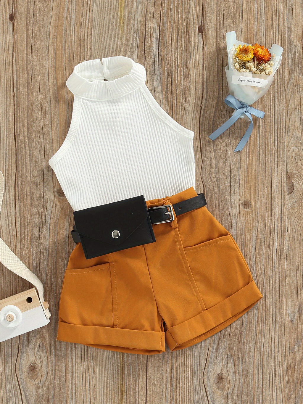 Summer Halter Outfit Set with Shorts and Waist Bag