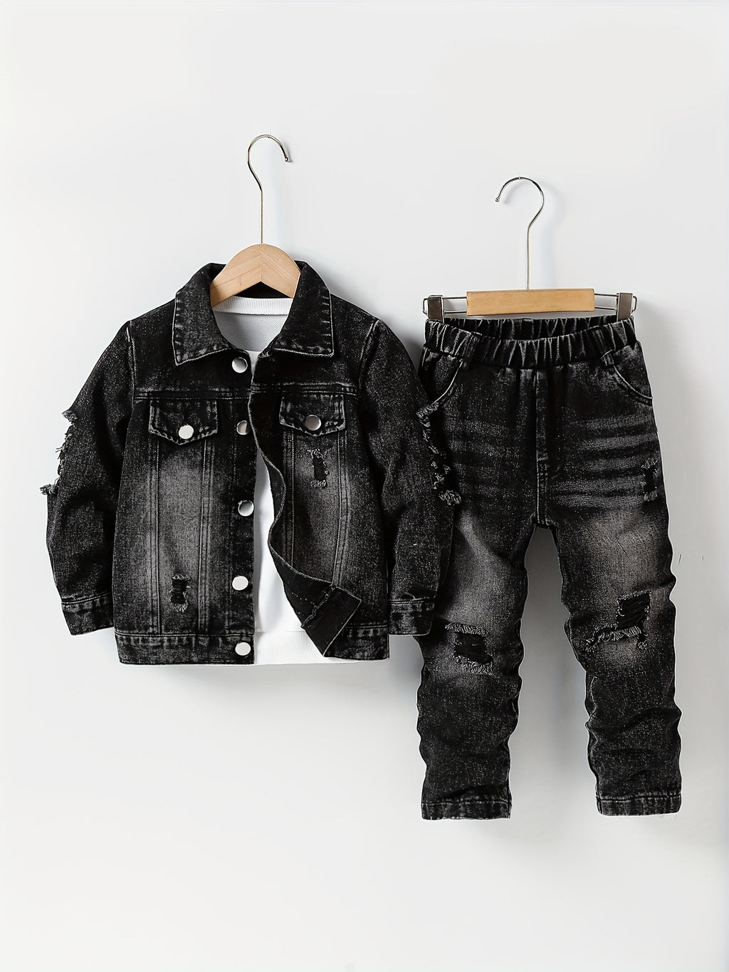 2pcs Boys' Autumn Back-To-School Outfit for Ages 3-8, Black Denim Casual Street Style with Lapel, Ripped Details, Button-Up Long Sleeve Jacket And Pocketed Elastic Waist Long Pants, Comfortable And Fashionable for Daily Wear, Perfect for Spring