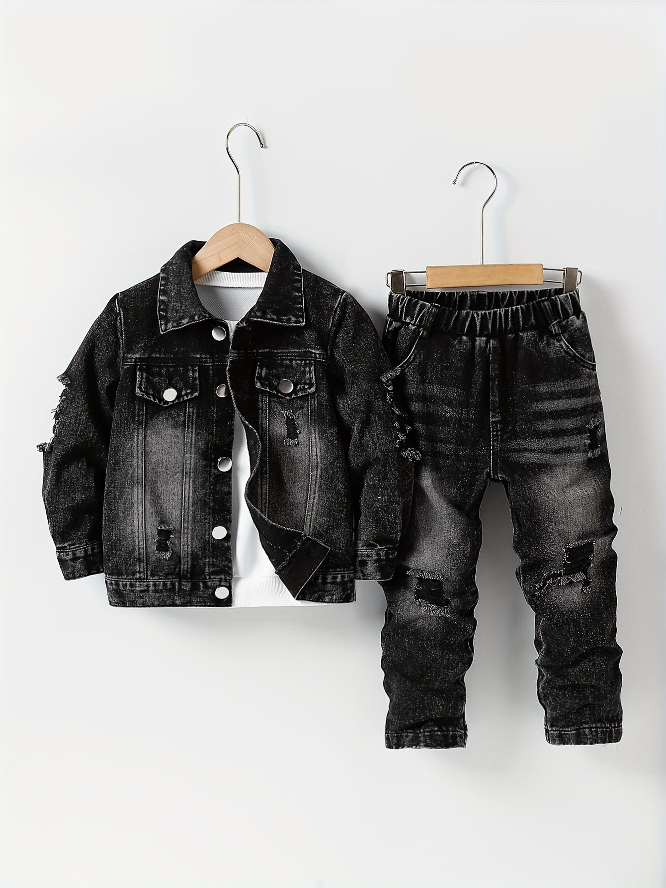 2pcs Boys' Autumn Back-To-School Outfit for Ages 3-8, Black Denim Casual Street Style with Lapel, Ripped Details, Button-Up Long Sleeve Jacket And Pocketed Elastic Waist Long Pants, Comfortable And Fashionable for Daily Wear, Perfect for Spring