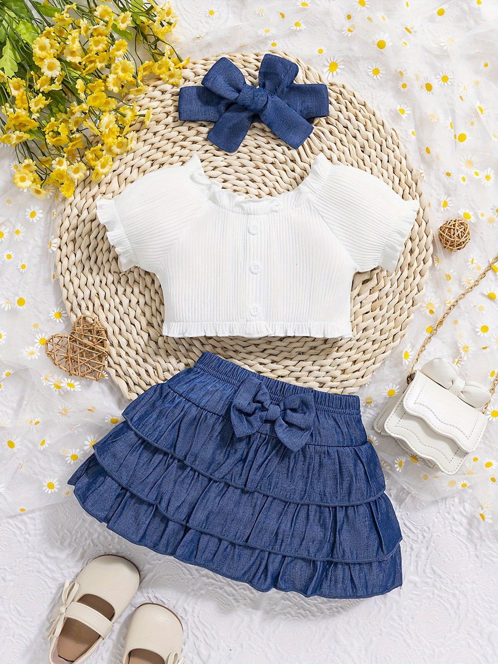 Skirt Set for Baby Girls With Imitation Denim Print