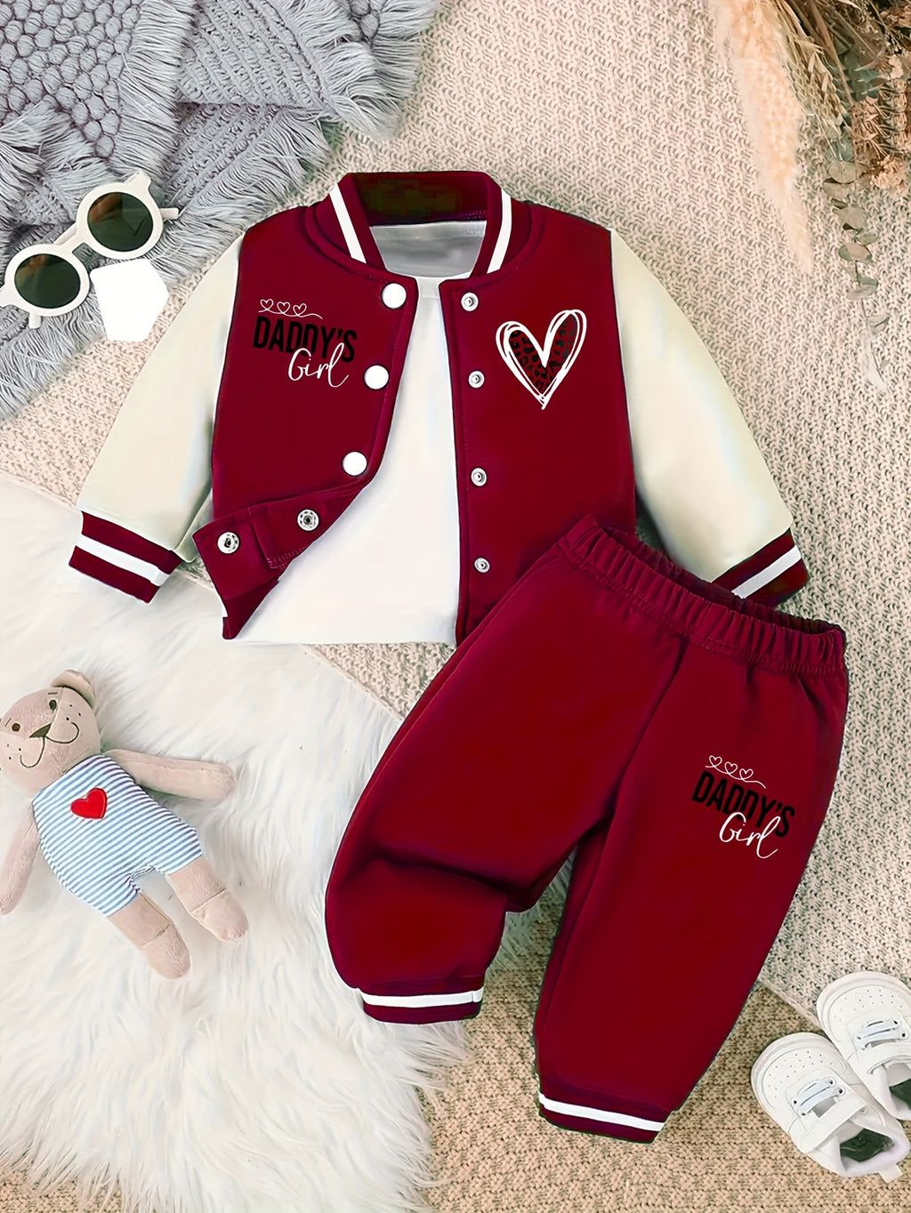 Girl's Cute Heart Pattern Baseball Collar Cardigan Ribbed Long Sleeve Jacket and Loose Comfortable Long Pants Autumn/Winter Children's 2pcs Set, Perfect for Outdoor