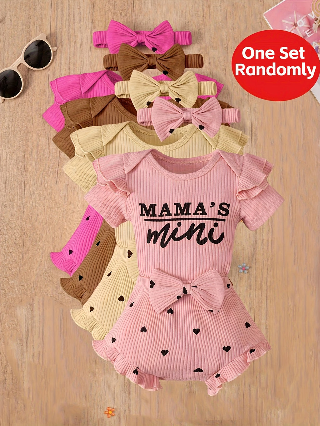 Baby Girls' Summer Romper Set with Bow and Heart Pattern