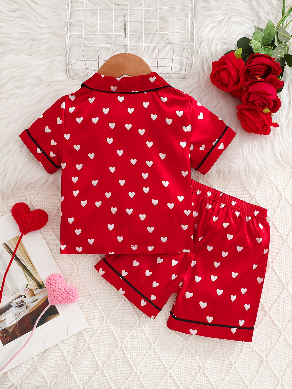 Baby Pajama Set With Red Heart Print and Flame-Resistant Fabric