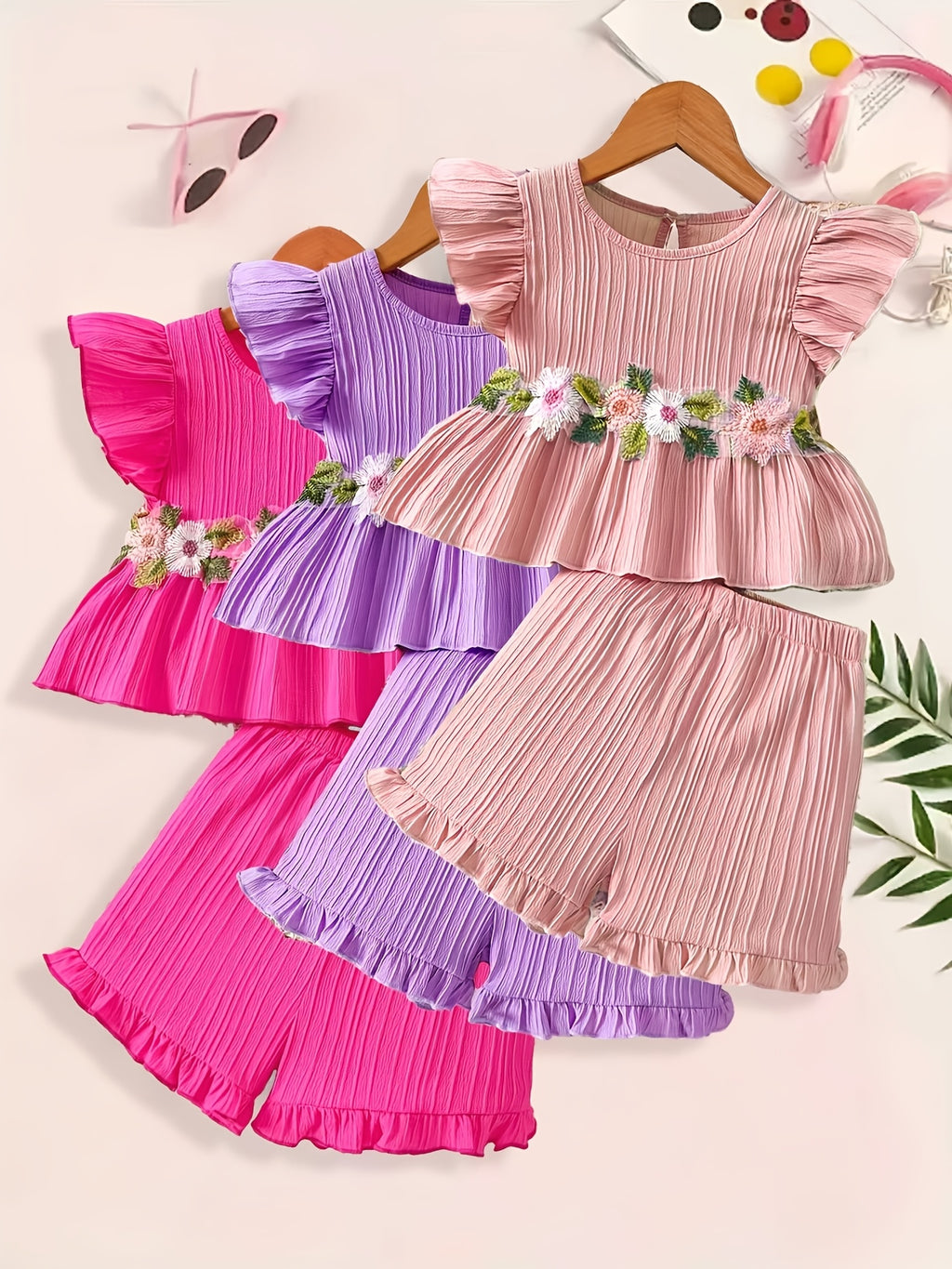 Girls' Summer Shorts Set with Embroidered Lace Trim