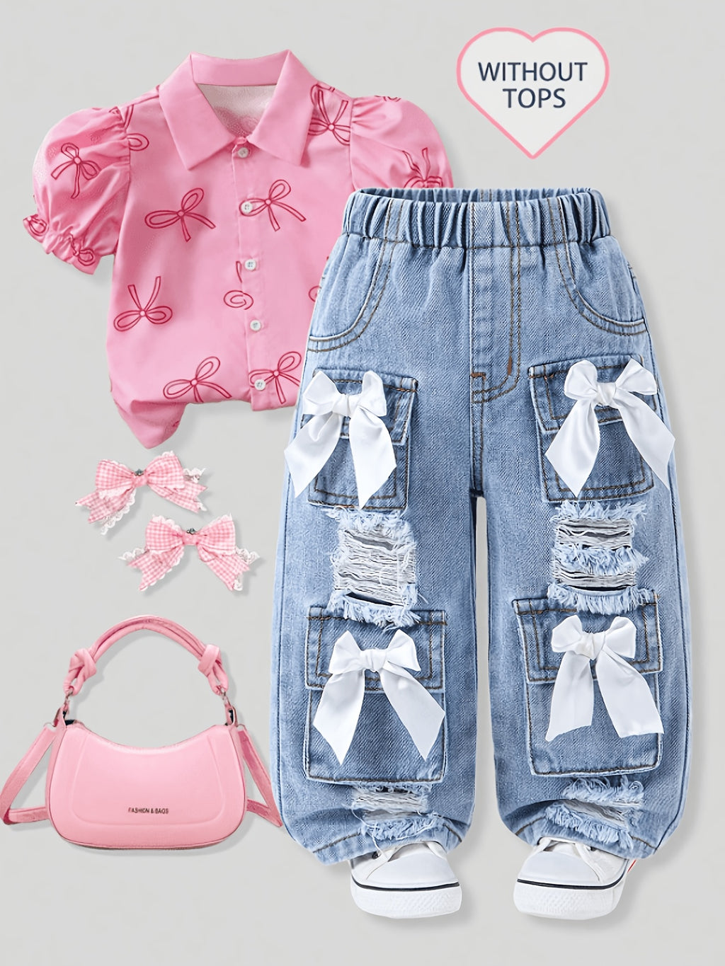 Light Blue & White Distressed Denim Jeans with Bow Decorations - High-Elasticity Waistband, Loose Straight-Leg Pants Suitable for Autumn, Washed for Softness, Machine Washable Wear