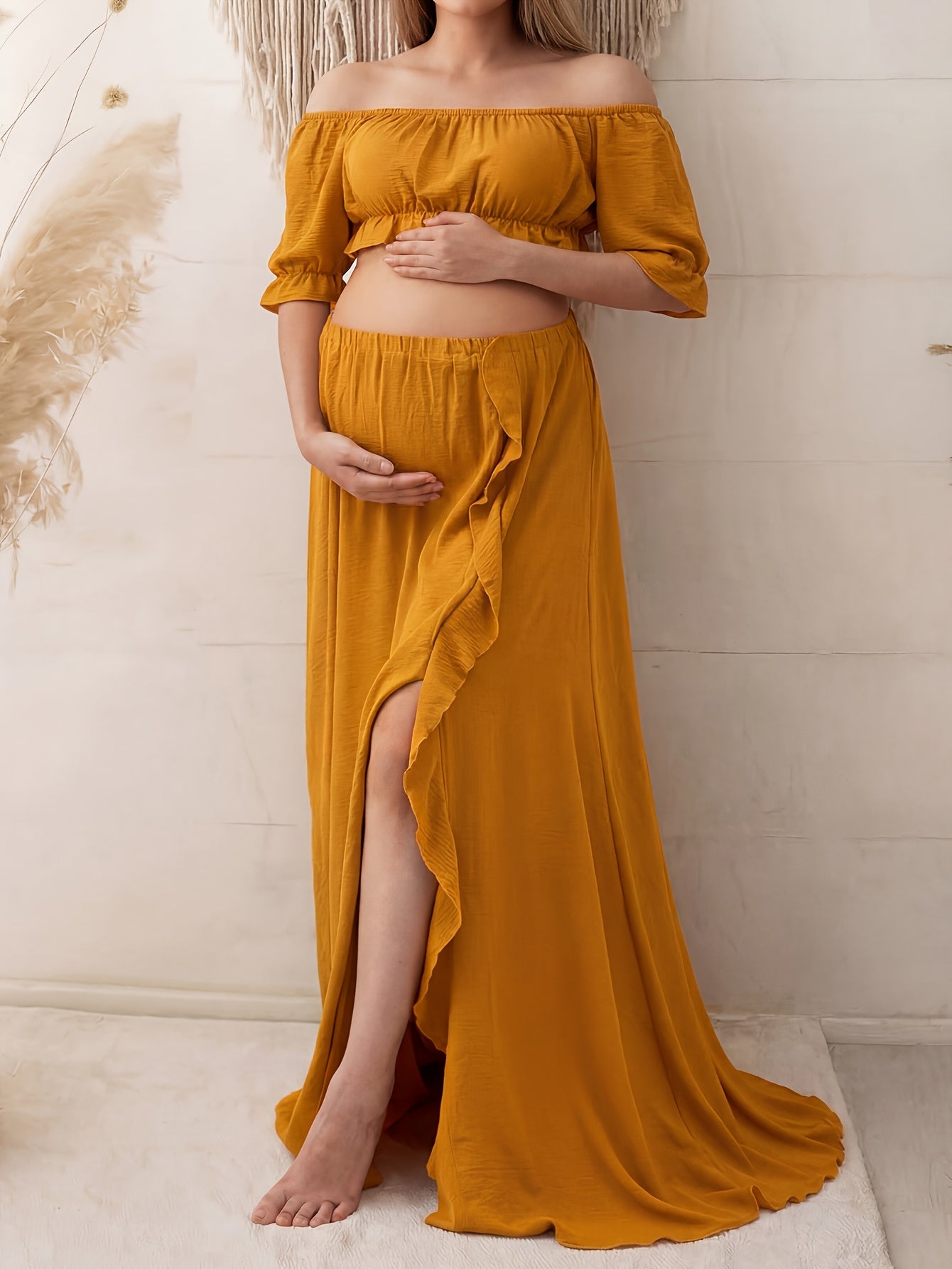 Turmeric Yellow Off Shoulder Puff Short Crop Top with Cutout Waist + Ruffle Slit Floor Length Maternity Maxi Skirt 2pcs Set, Soft Matching Outfit for Indoor Maternity Shoot, Outdoor Lawn Travel Photography & Birthday Party