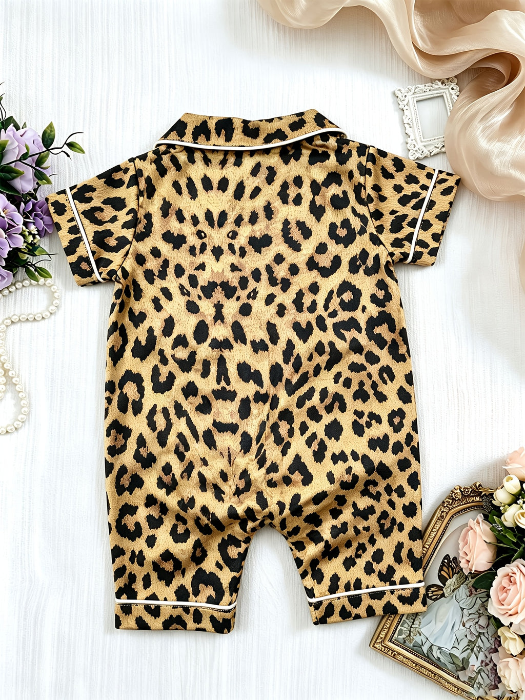 Baby Leopard Print Lapel Button Short Sleeve Romper