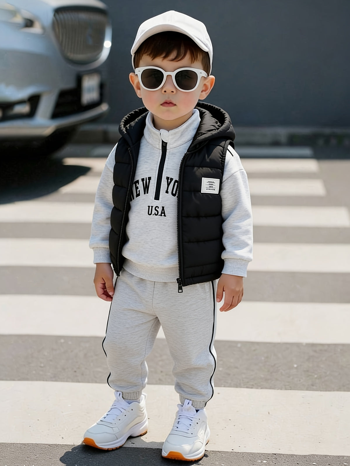 3pcs Boys' Autumn/winter New Style New York Letter Print Shirt with Small Stand-up Collar, Solid Color Sweatshirt and Trousers, and Solid Color Hooded Vest Jacket Casual Fashion Set, Perfect for Outdoor