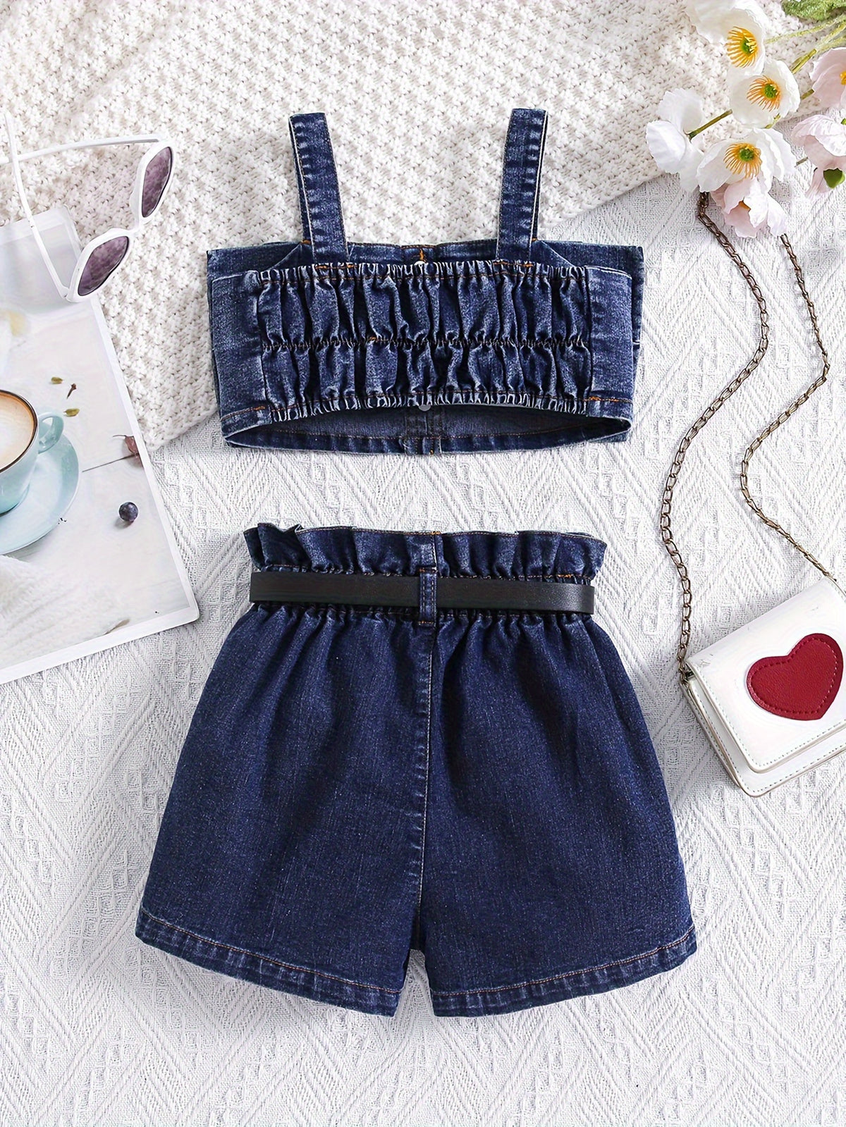 Girls' Denim Set with Bow Top and Ruffle-Waist Jeans